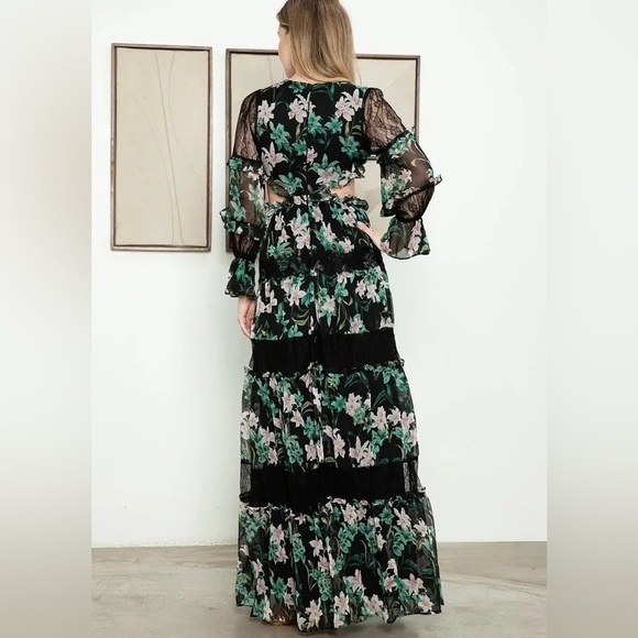 Floral Lace Panel Tiered Maxi Dress Bohemian Cutout Ruffle Sleeve multiple sizes - Picture 3 of 7
